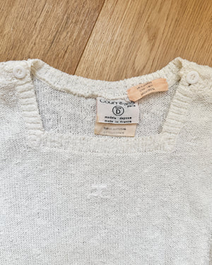 Vintage 1970s Courrèges Mod French White Boucle Slub Knit Summer Sweater With Pockets and Logo Embroidered