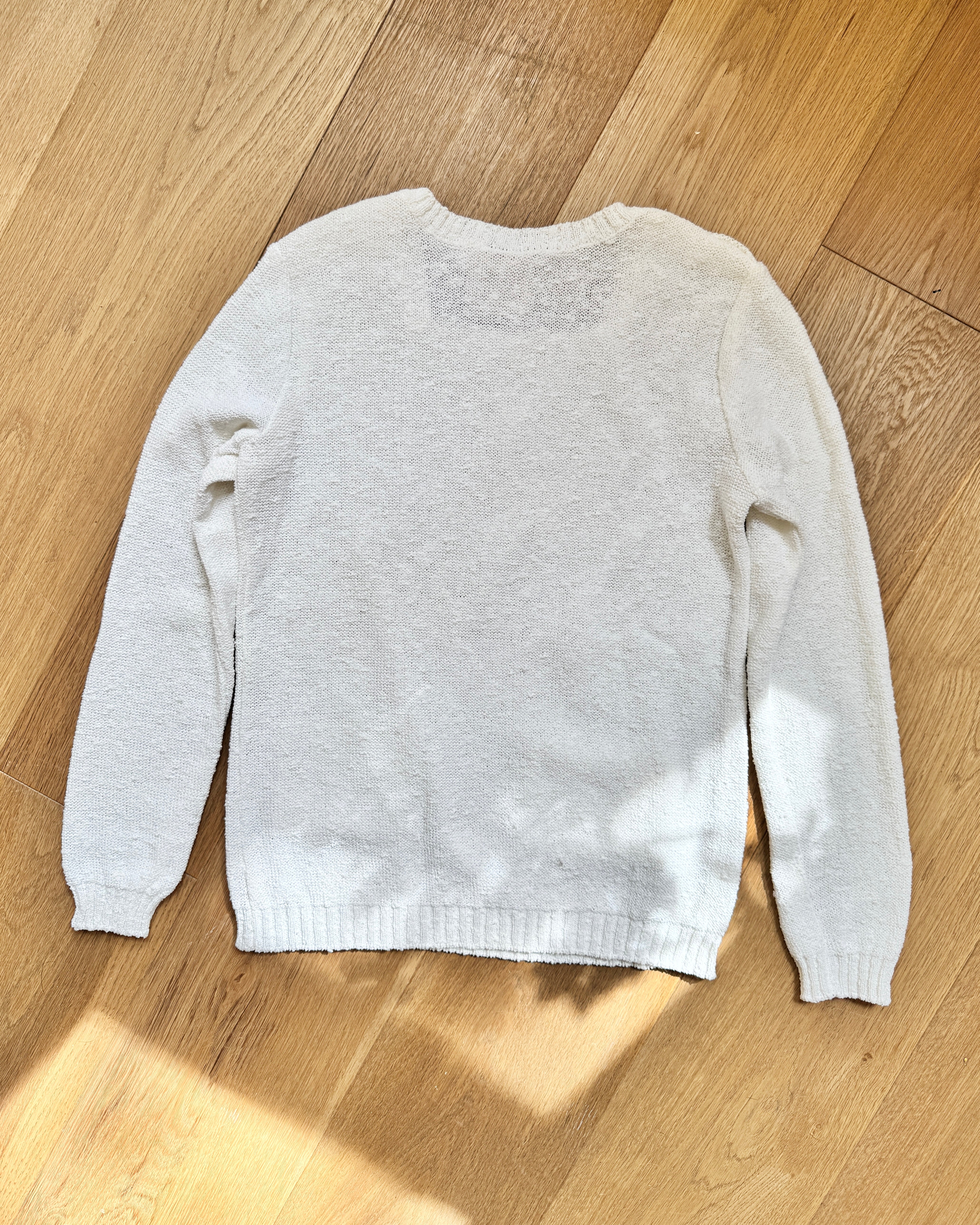 Vintage 1970s Courrèges Mod French White Boucle Slub Knit Summer Sweater With Pockets and Logo Embroidered