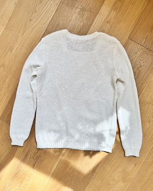 Vintage 1970s Courrèges Mod French White Boucle Slub Knit Summer Sweater With Pockets and Logo Embroidered