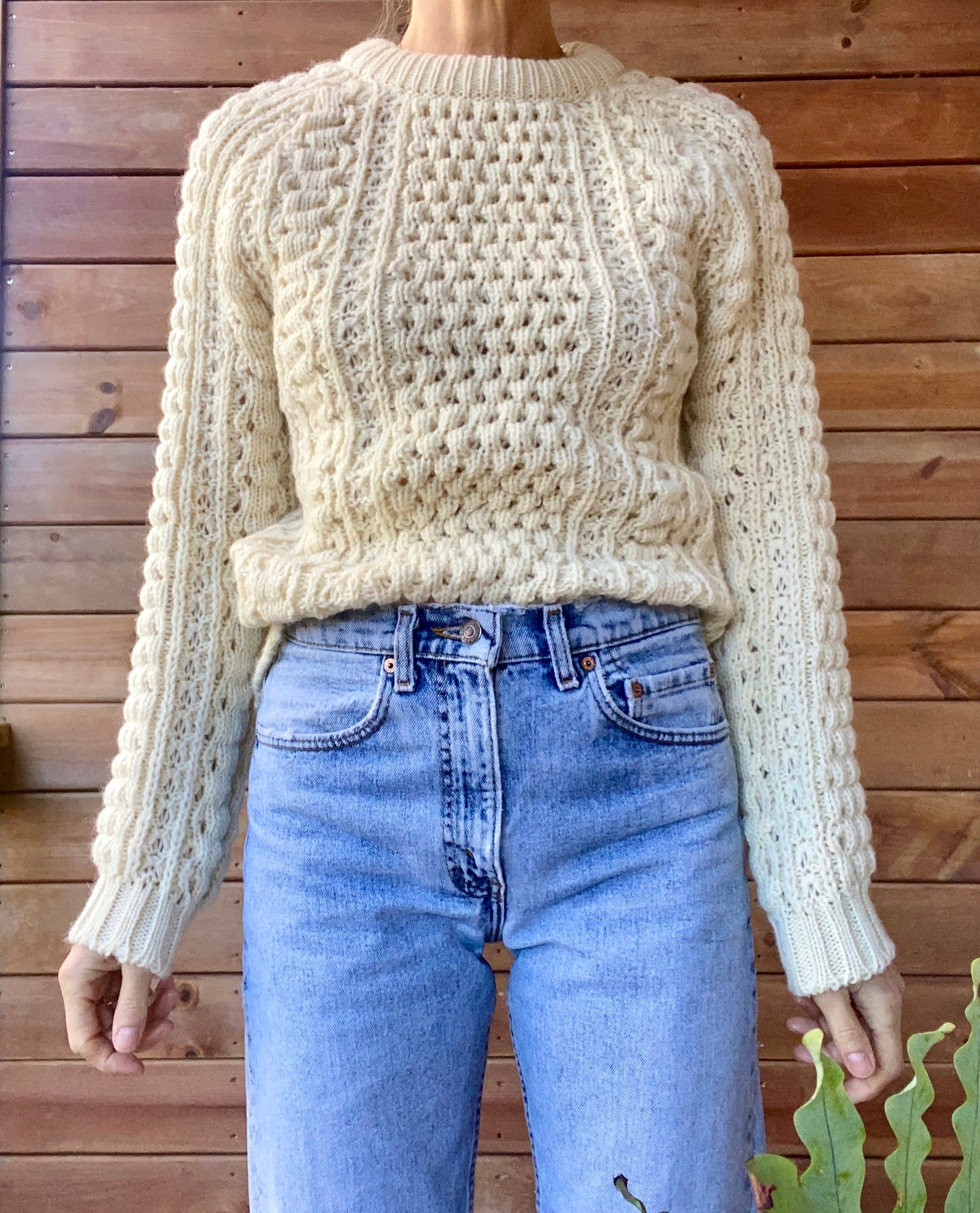 Vintage Handknit Tuck Stich Cable Fisherman Sweater M