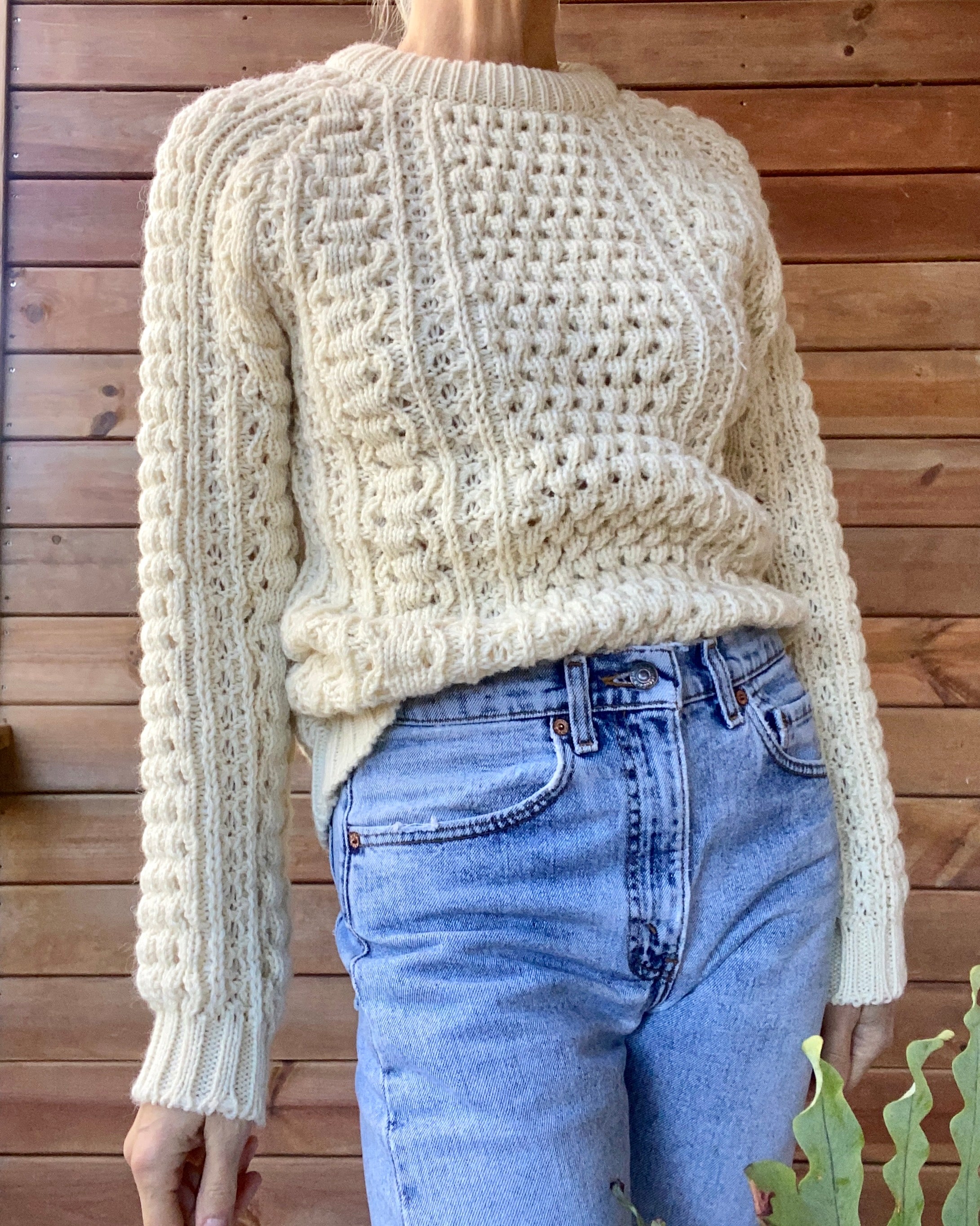 Vintage Handknit Tuck Stich Cable Fisherman Sweater M