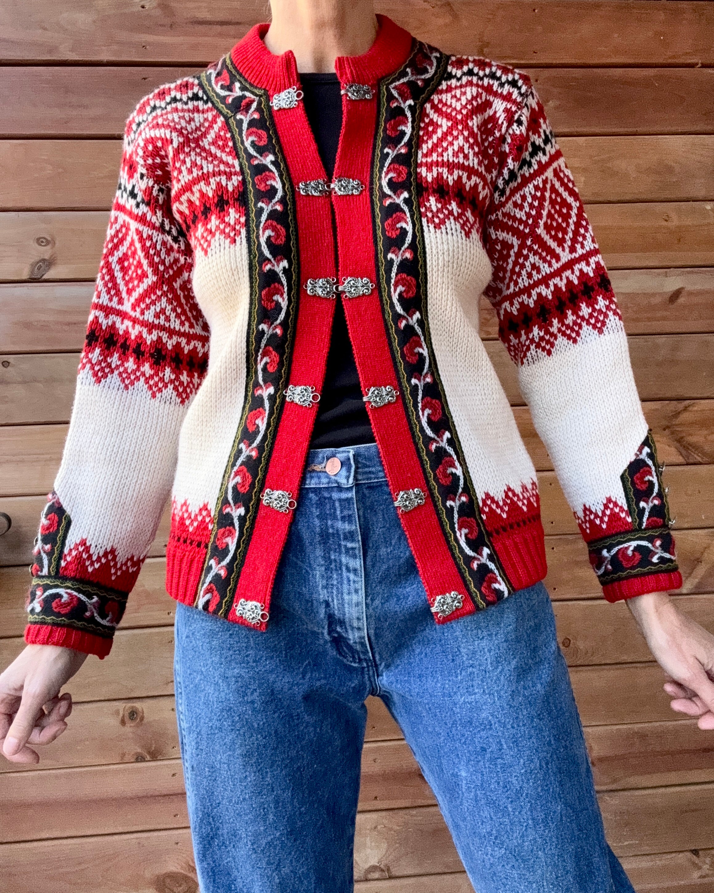 Vintage Authentic Norwegian Cream and Red Jacquard Setesdal Fair Isle Cardigan S M