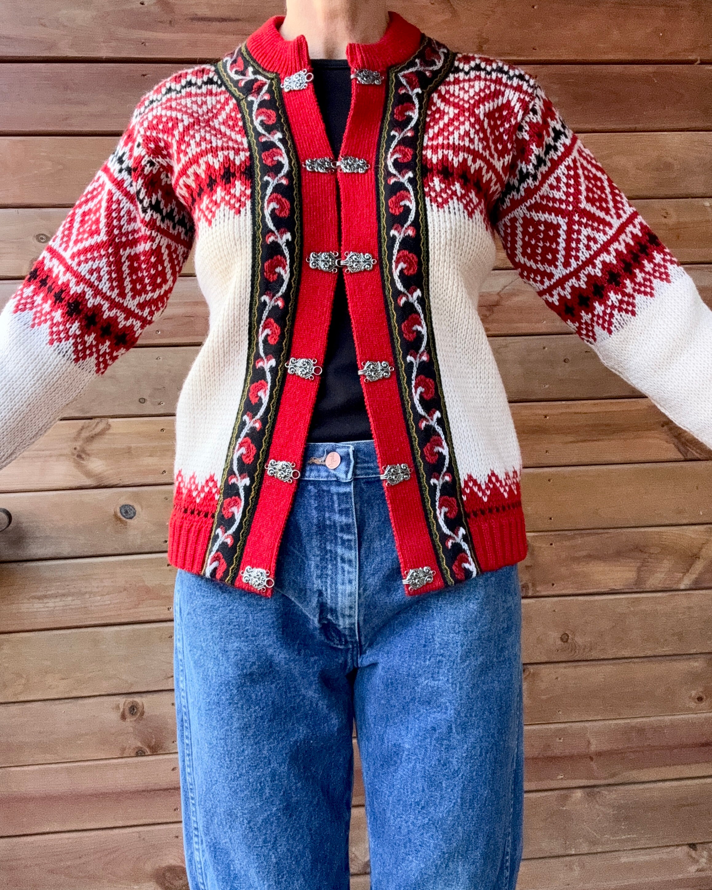 Vintage Authentic Norwegian Cream and Red Jacquard Setesdal Fair Isle Cardigan S M