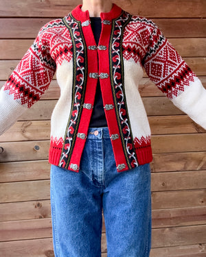 Vintage Authentic Norwegian Cream and Red Jacquard Setesdal Fair Isle Cardigan S M