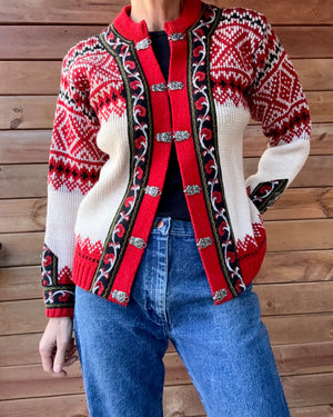 Vintage Authentic Norwegian Cream and Red Jacquard Setesdal Fair Isle Cardigan S M