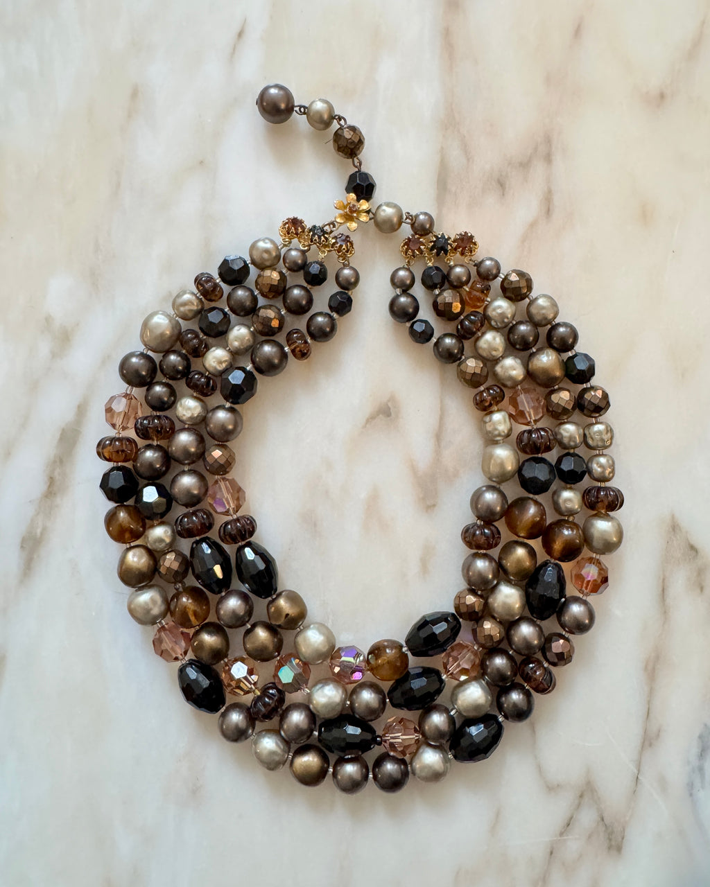 Vintage 1950s De Mario 4 Strand Beaded Baroque Style Pearls and Cut Crystals in Tan Black Grey Costume Jewelry Necklace Signed Made in USA