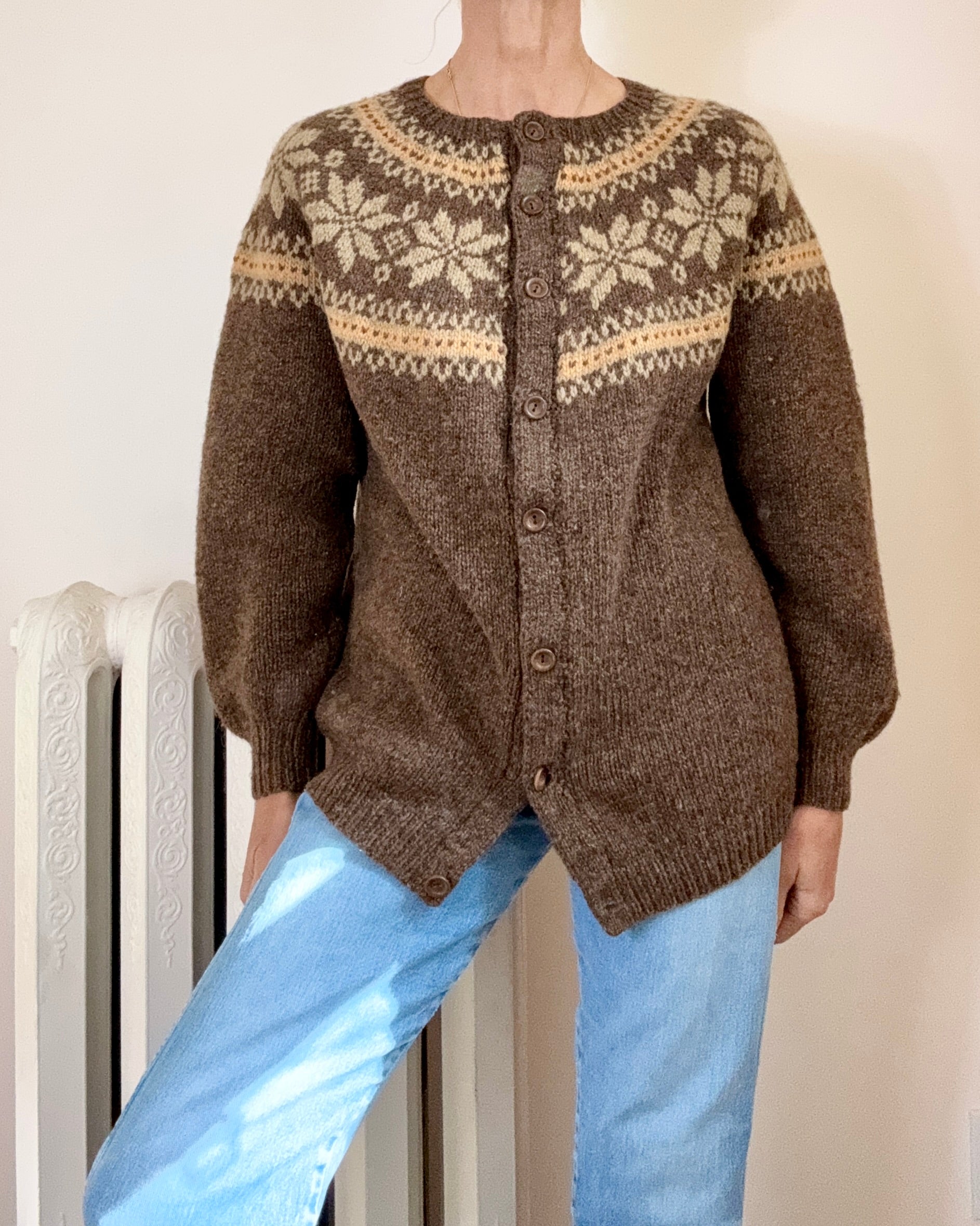 Vintage Handknit Nordic Heathered Brown Wool fair Isle with Snowflakes Cardigan Sweater M