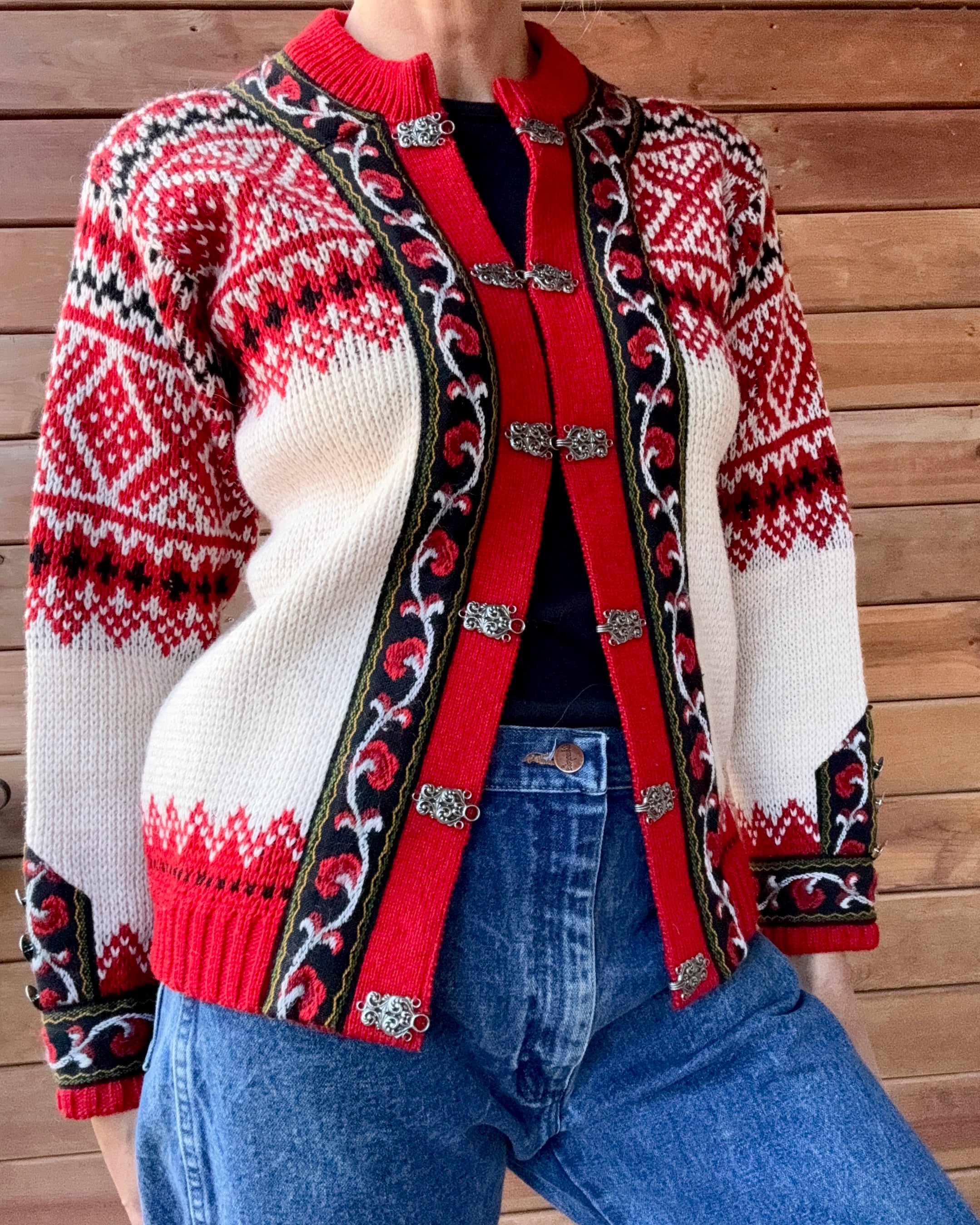 Vintage Authentic Norwegian Cream and Red Jacquard Setesdal Fair Isle Cardigan S M