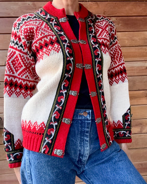 Vintage Authentic Norwegian Cream and Red Jacquard Setesdal Fair Isle Cardigan S M