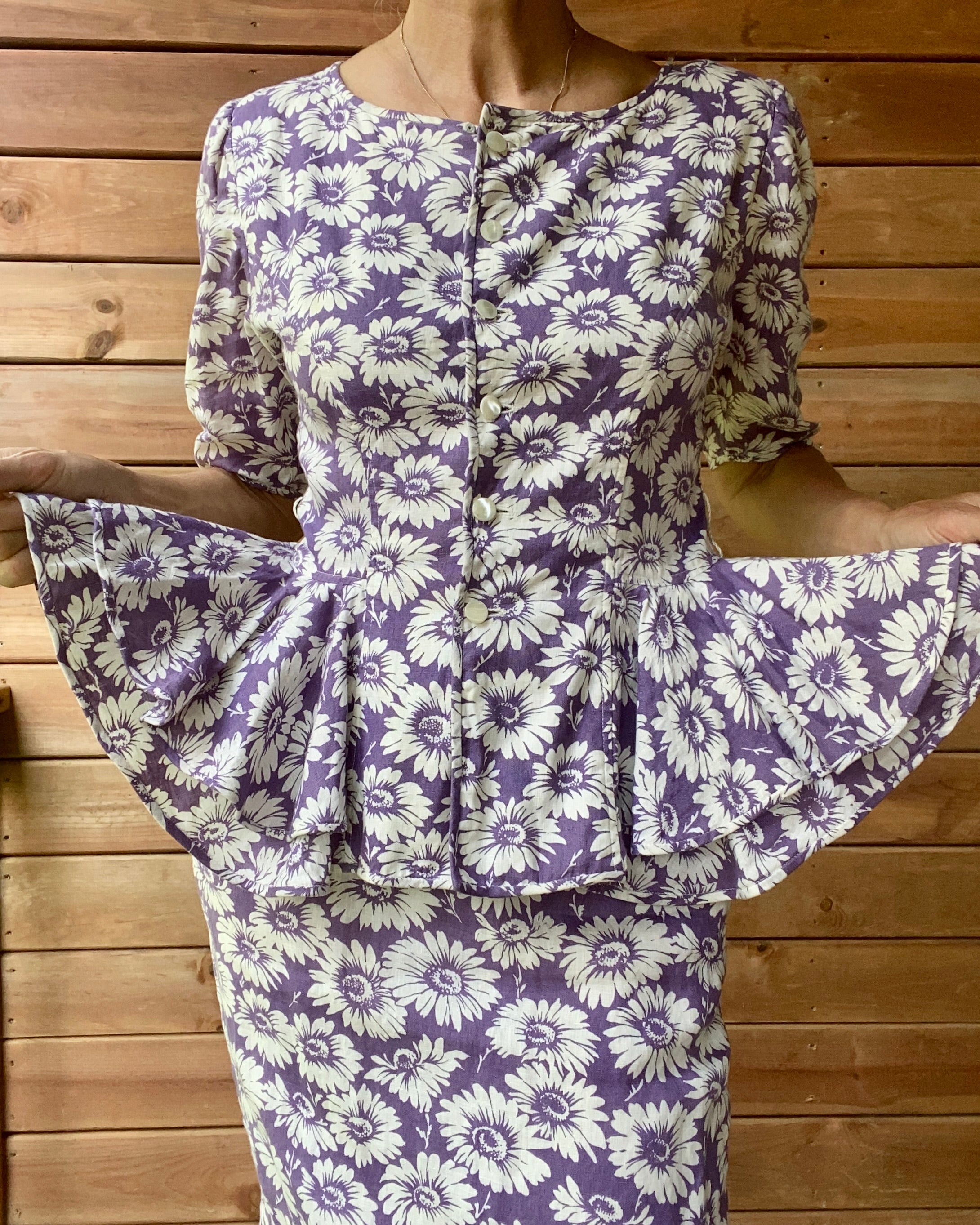 Vintage 1980s PARALLELE by EMANUEL UNGARO Cotton Floral Daisy Print Blouse and Skirt Set with Peplum M
