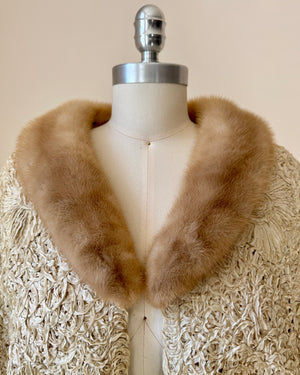 Vintage 1950s Cream Ribbon Knit Crochet Stitched Floral with Brown Mink Collar S M
