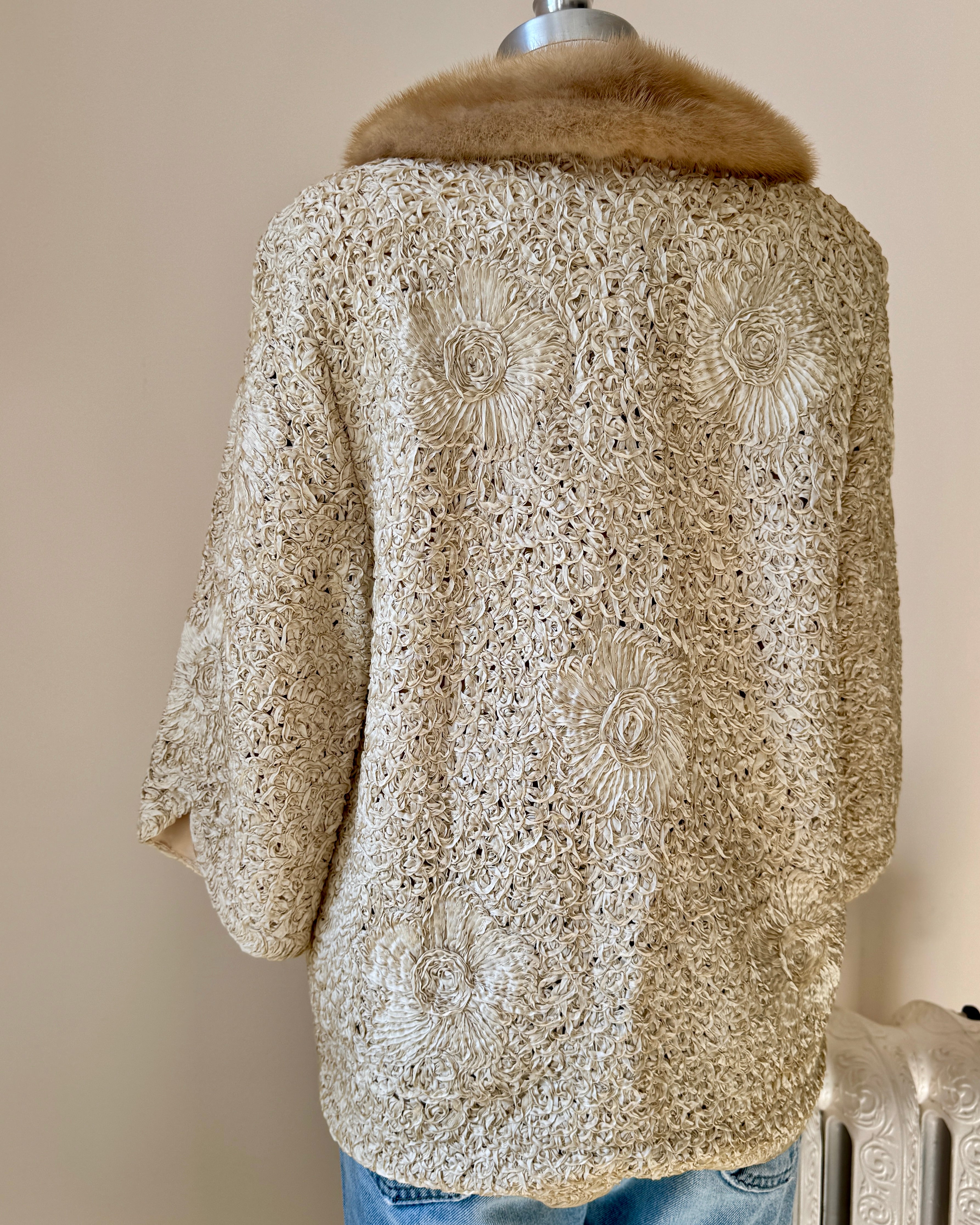 Vintage 1950s Cream Ribbon Knit Crochet Stitched Floral with Brown Mink Collar S M