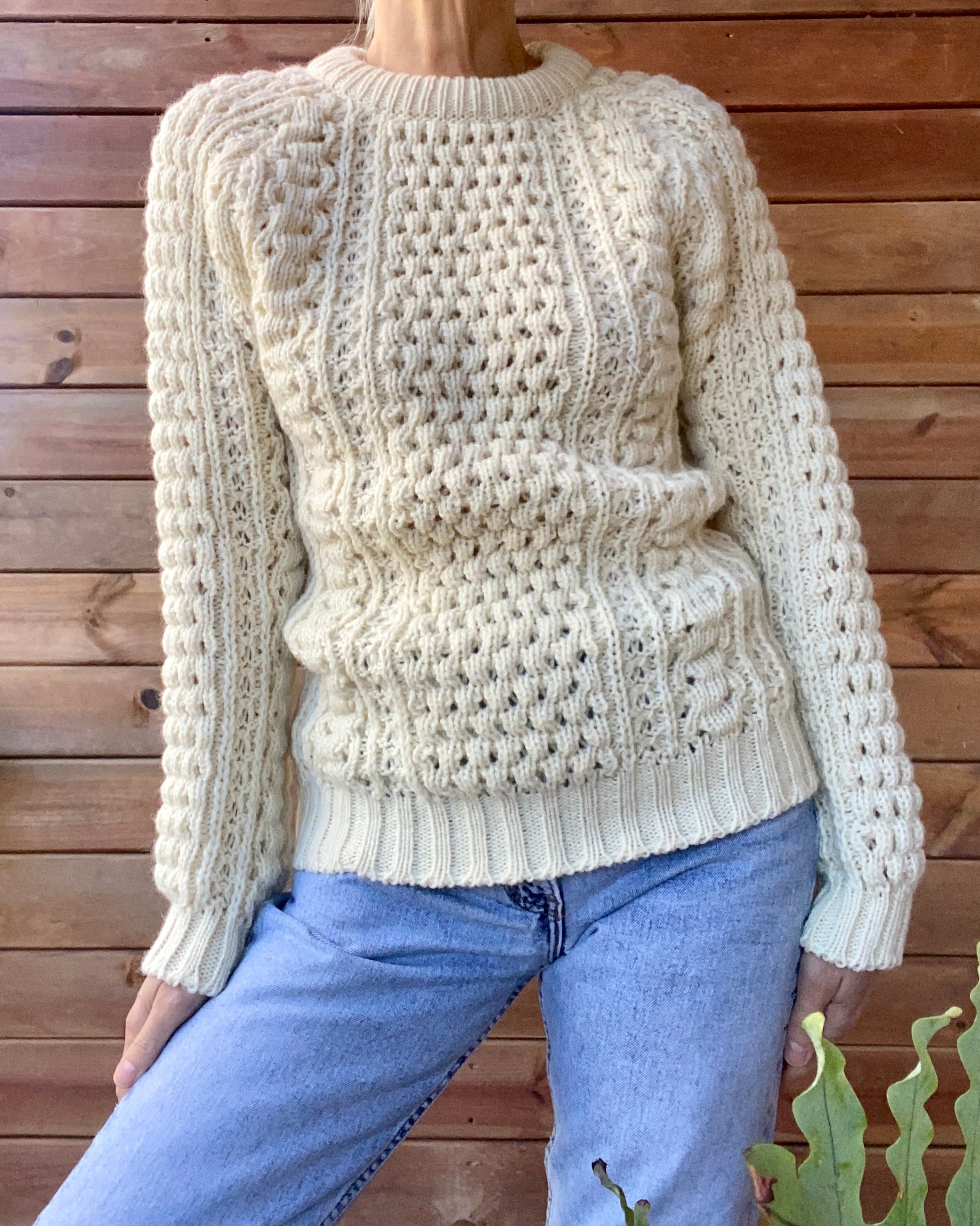 Vintage Handknit Tuck Stich Cable Fisherman Sweater M