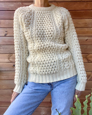 Vintage Handknit Tuck Stich Cable Fisherman Sweater M