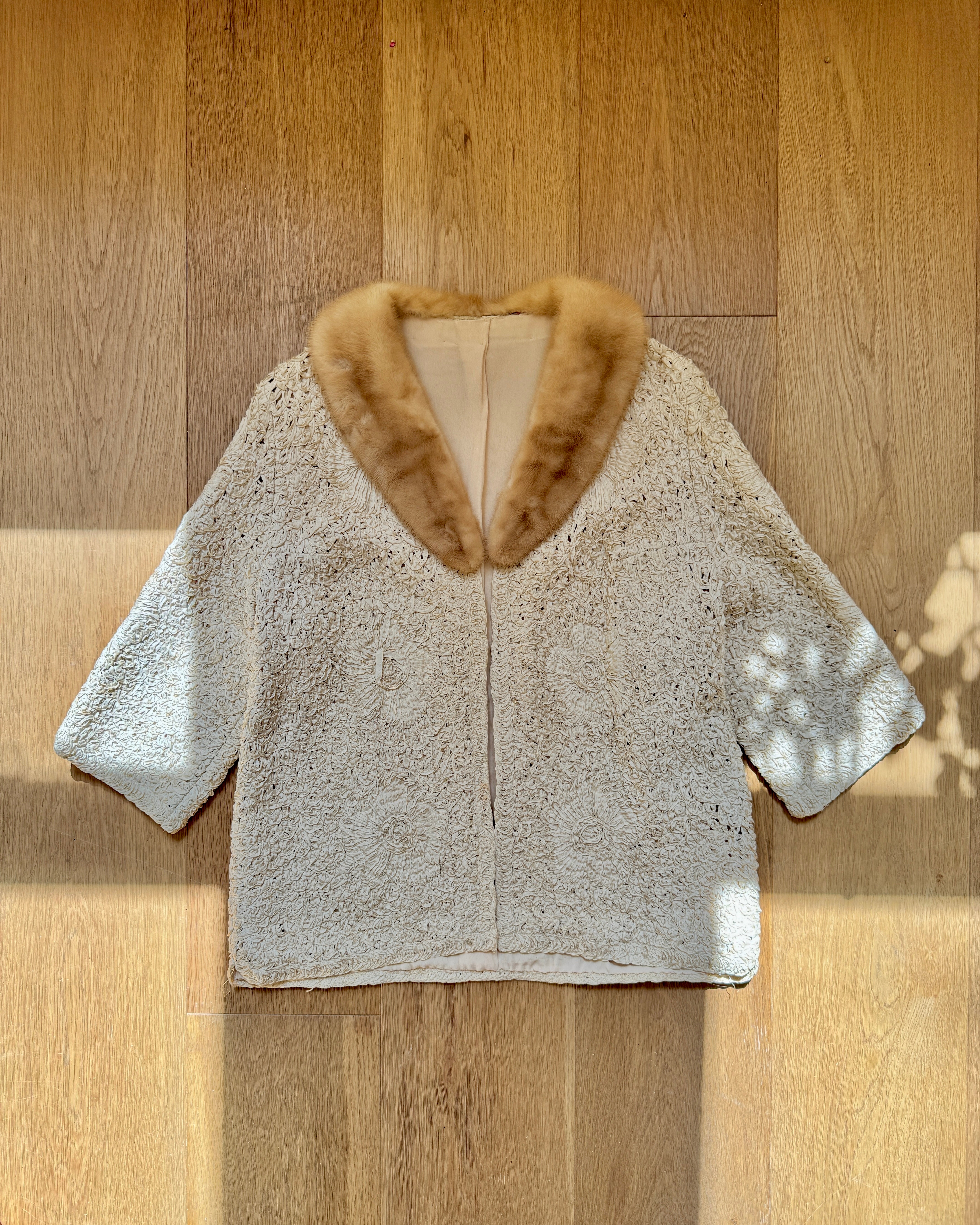 Vintage 1950s Cream Ribbon Knit Crochet Stitched Floral with Brown Mink Collar S M