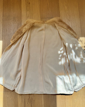 Vintage 1950s Cream Ribbon Knit Crochet Stitched Floral with Brown Mink Collar S M