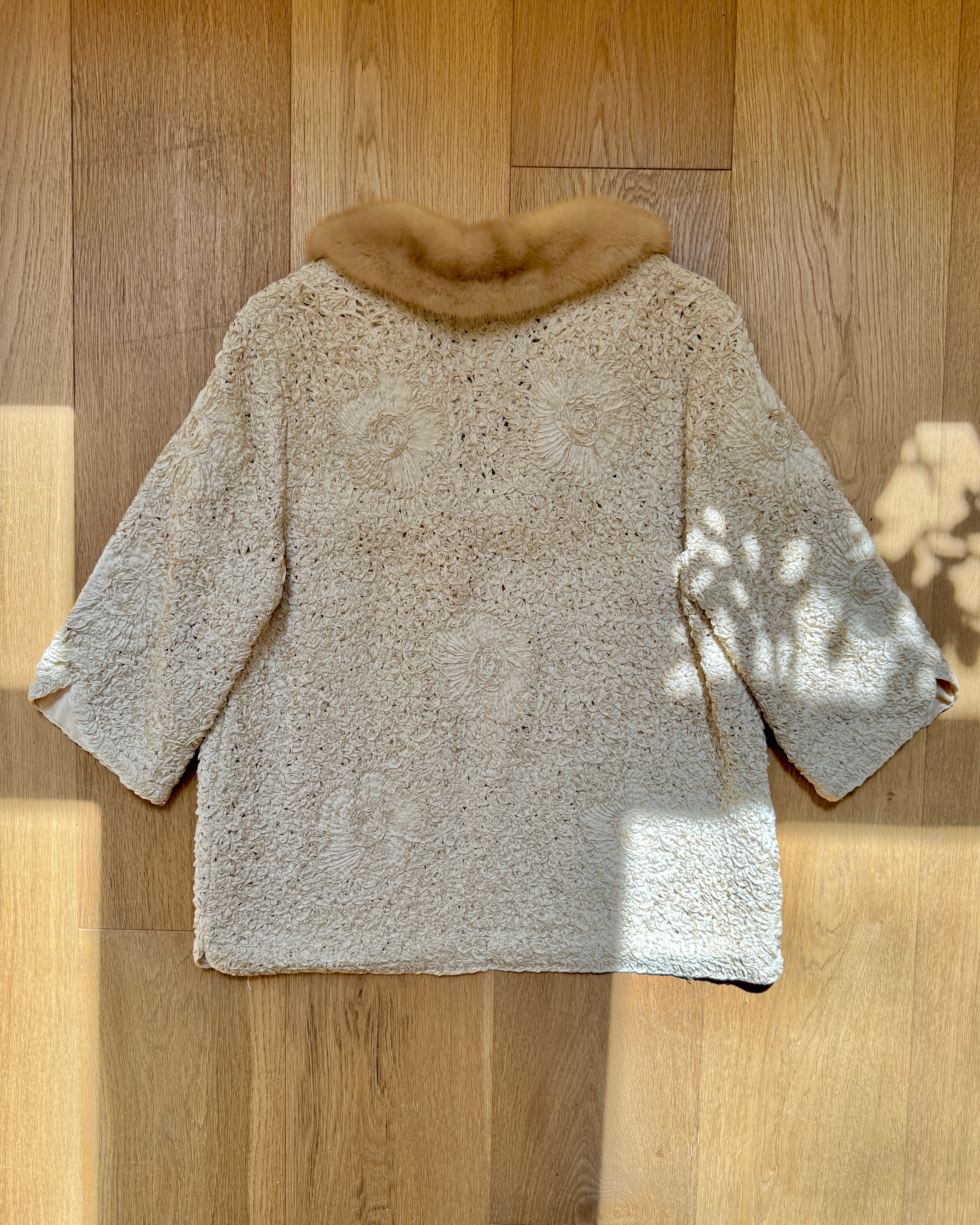 Vintage 1950s Cream Ribbon Knit Crochet Stitched Floral with Brown Mink Collar S M