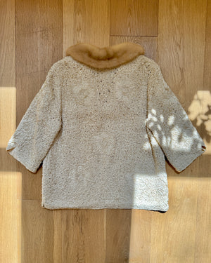Vintage 1950s Cream Ribbon Knit Crochet Stitched Floral with Brown Mink Collar S M