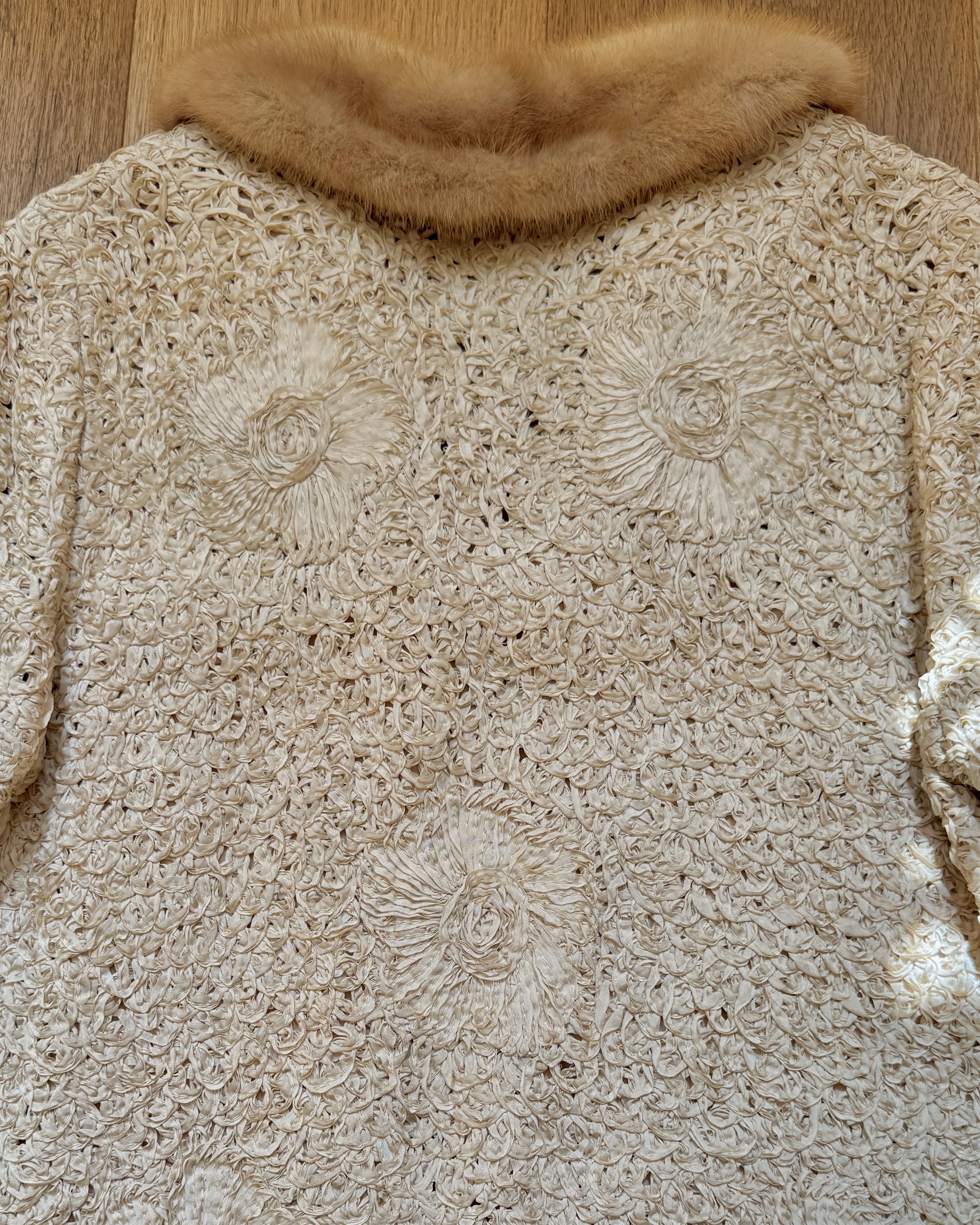 Vintage 1950s Cream Ribbon Knit Crochet Stitched Floral with Brown Mink Collar S M