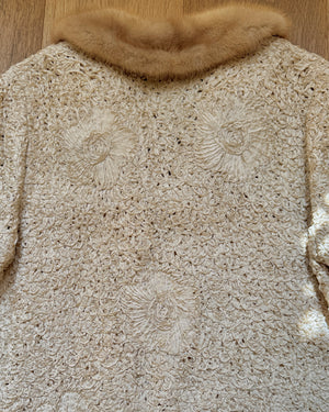 Vintage 1950s Cream Ribbon Knit Crochet Stitched Floral with Brown Mink Collar S M