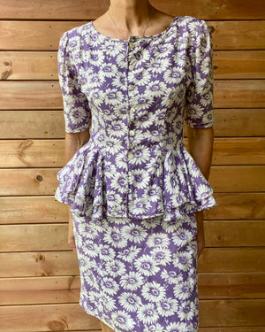 Vintage 1980s PARALLELE by EMANUEL UNGARO Cotton Floral Daisy Print Blouse and Skirt Set with Peplum M