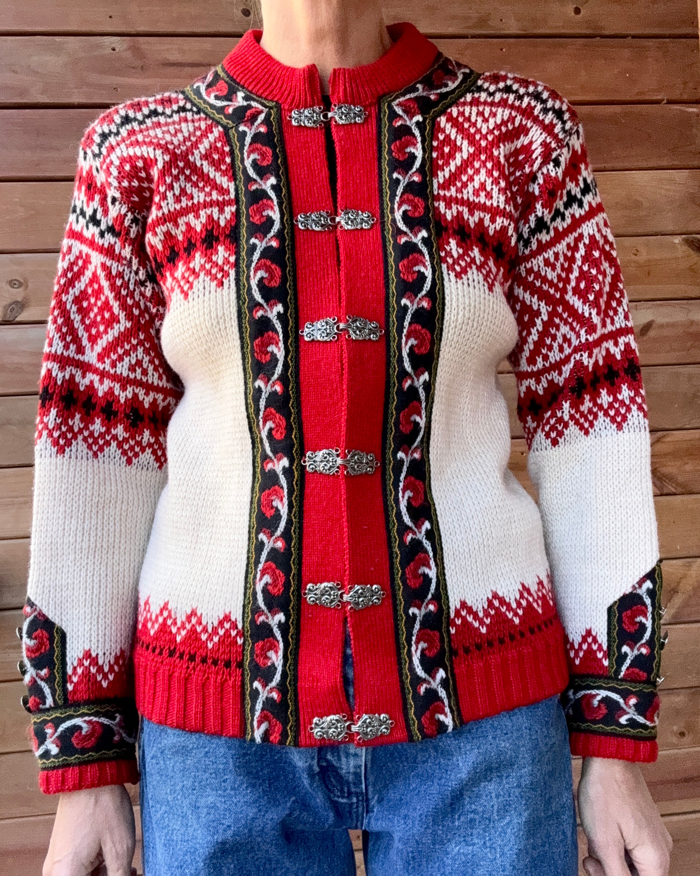 Vintage Authentic Norwegian Cream and Red Jacquard Setesdal Fair Isle Cardigan S M