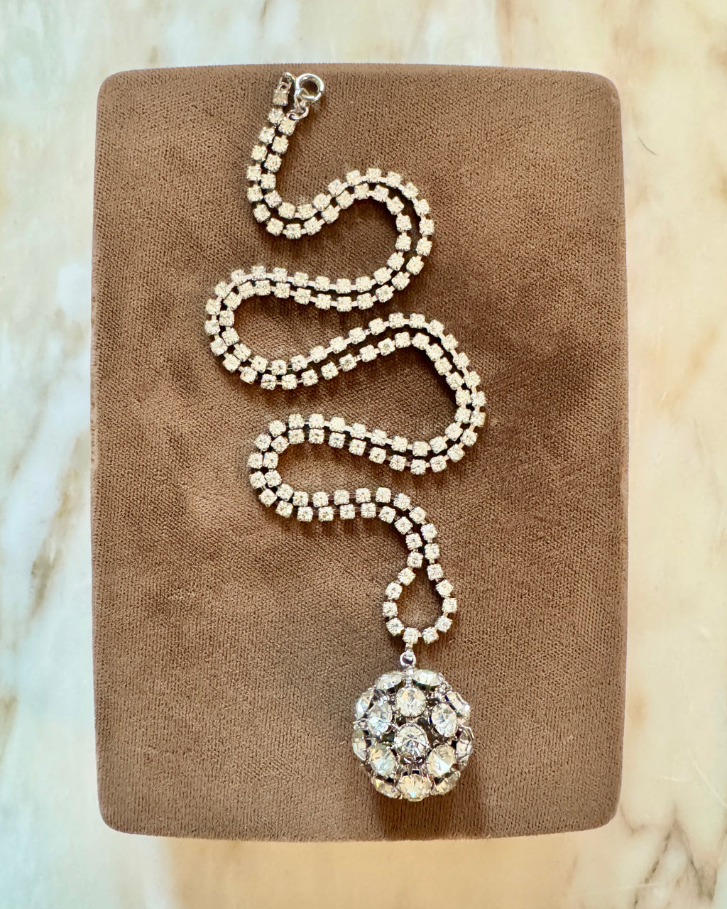 Vintage 1970s Crystal Diamante Disco Globe Pendant with Rhinestone Chain Long Necklace