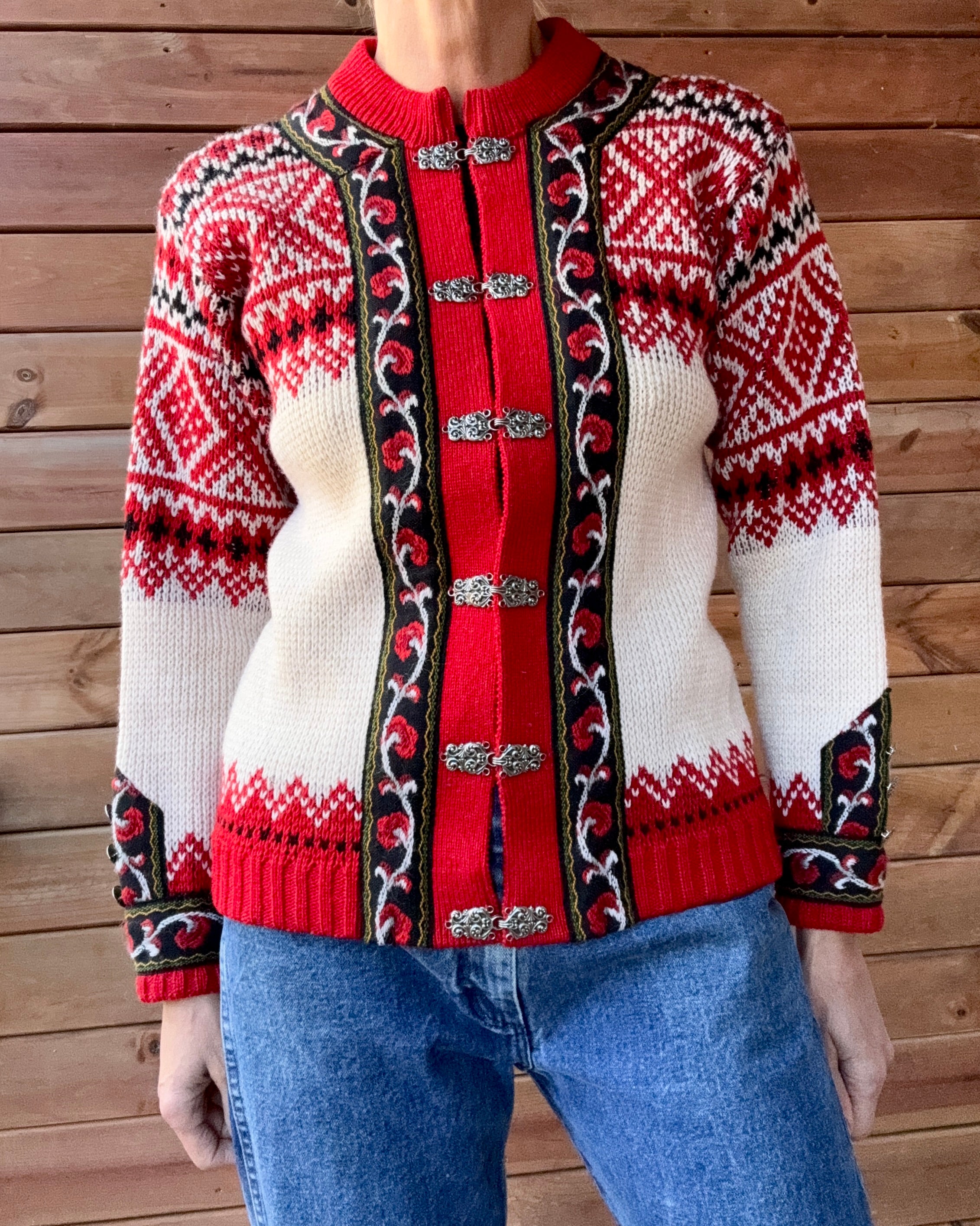 Vintage Authentic Norwegian Cream and Red Jacquard Setesdal Fair Isle Cardigan S M