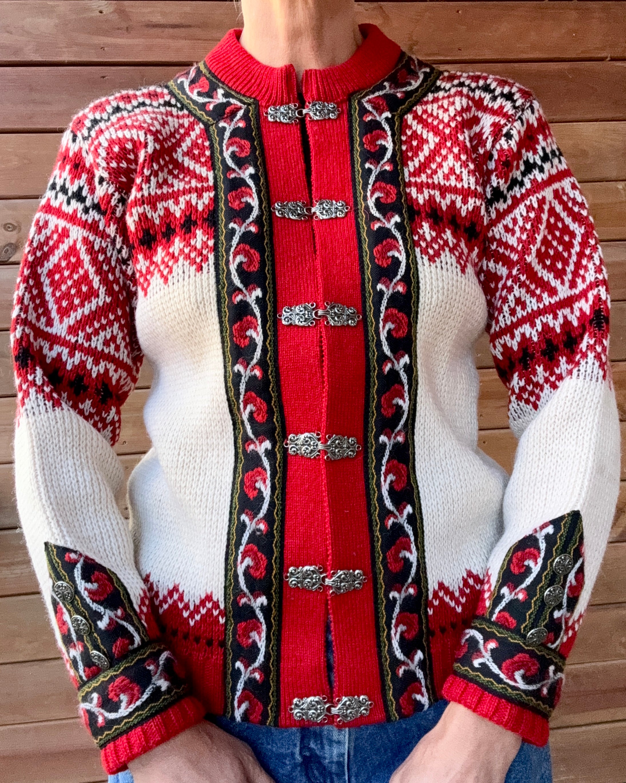 Vintage Authentic Norwegian Cream and Red Jacquard Setesdal Fair Isle Cardigan S M