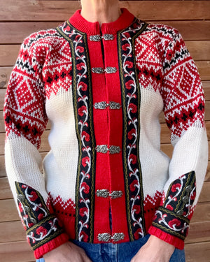 Vintage Authentic Norwegian Cream and Red Jacquard Setesdal Fair Isle Cardigan S M