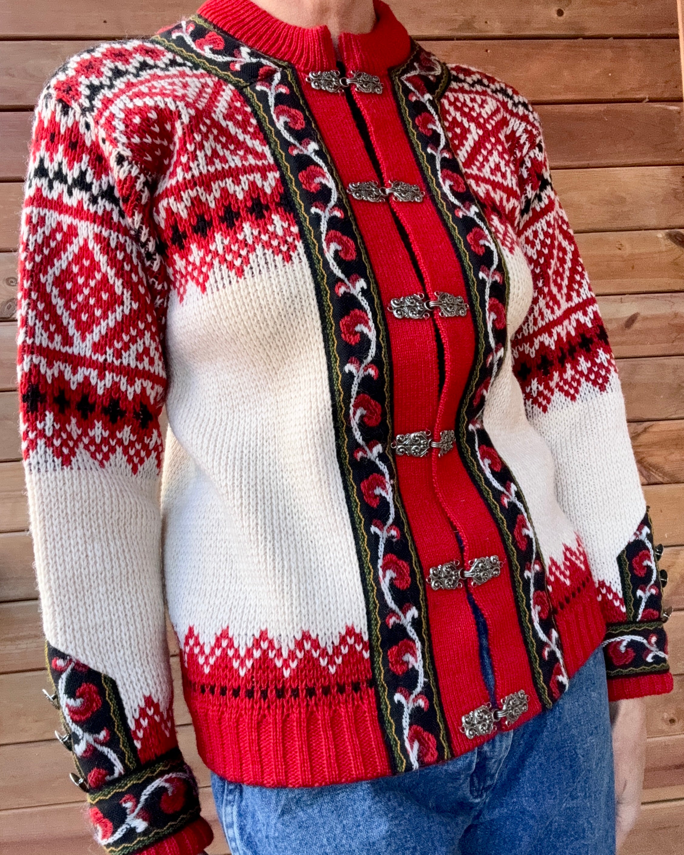 Vintage Authentic Norwegian Cream and Red Jacquard Setesdal Fair Isle Cardigan S M