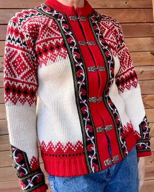 Vintage Authentic Norwegian Cream and Red Jacquard Setesdal Fair Isle Cardigan S M