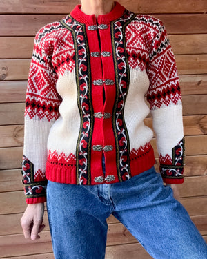 Vintage Authentic Norwegian Cream and Red Jacquard Setesdal Fair Isle Cardigan S M
