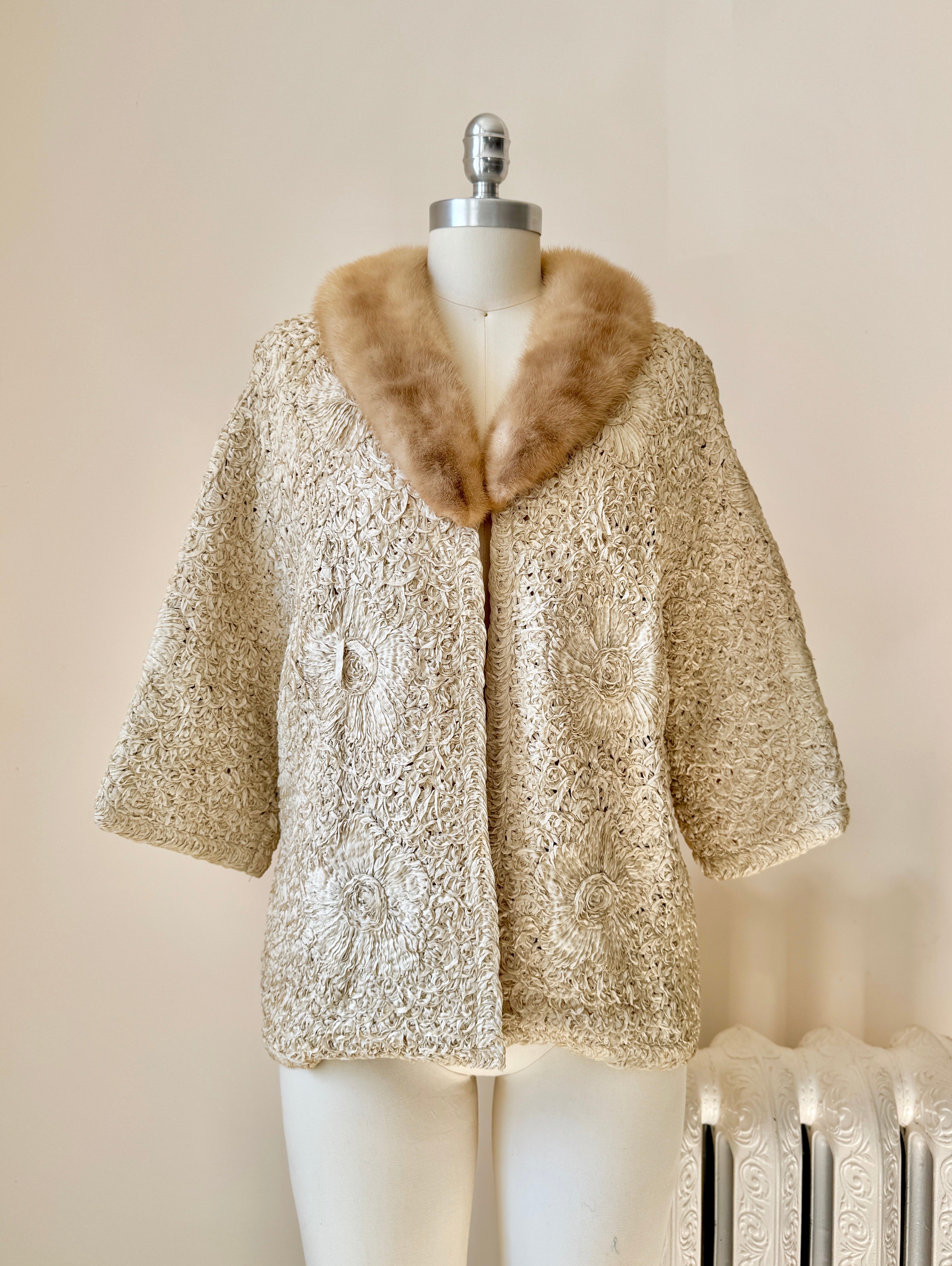 Vintage 1950s Cream Ribbon Knit Crochet Stitched Floral with Brown Mink Collar S M
