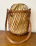 Vintage 1990s Knotted Tan Leather and Raffia Basket Cross Shoulder Bag
