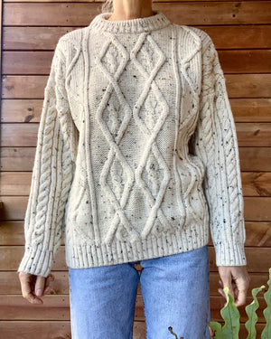 Vintage Handknit Oatmeal Aran Cable Fisherman Sweater M