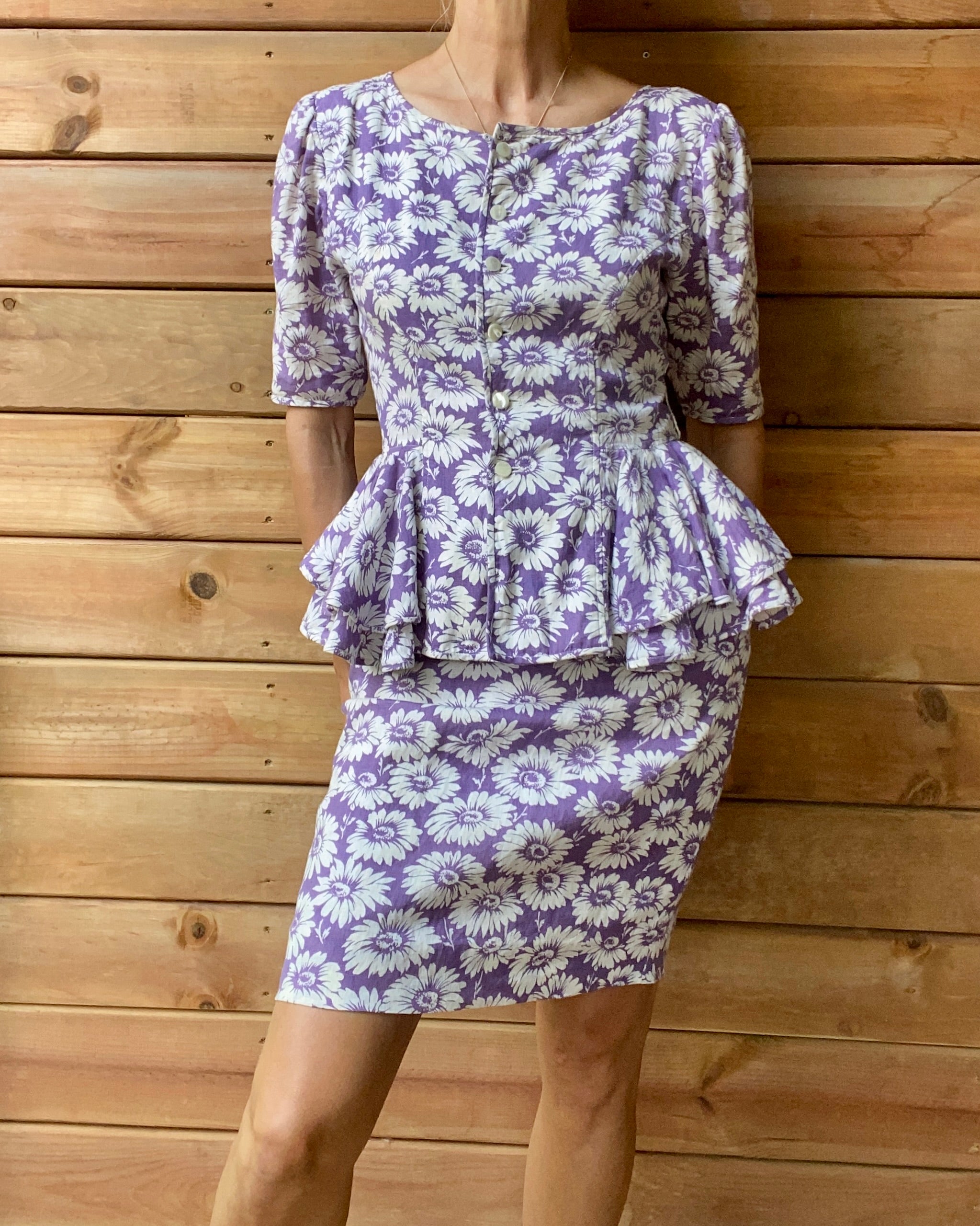 Vintage 1980s PARALLELE by EMANUEL UNGARO Cotton Floral Daisy Print Blouse and Skirt Set with Peplum M