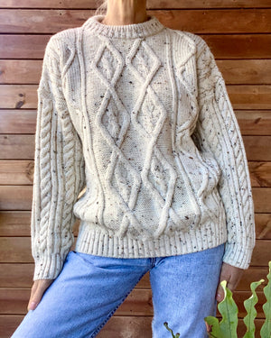 Vintage Handknit Oatmeal Aran Cable Fisherman Sweater M