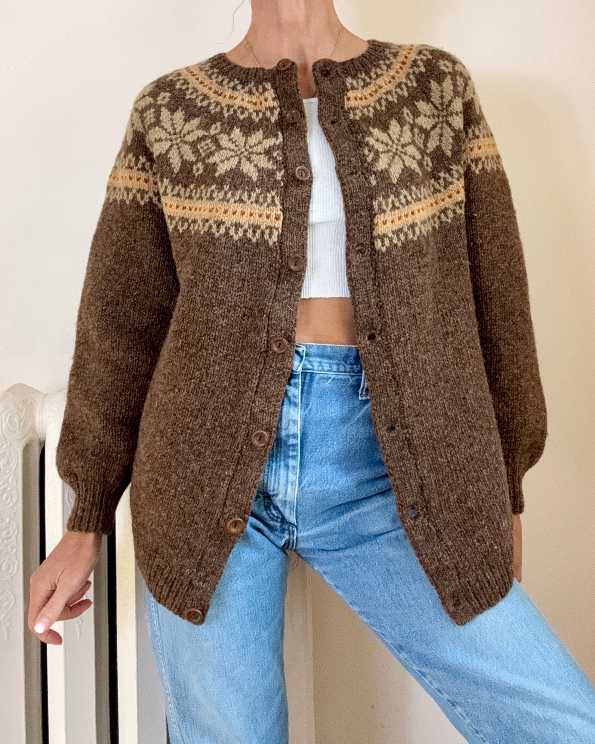 Vintage Handknit Nordic Heathered Brown Wool fair Isle with Snowflakes Cardigan Sweater M