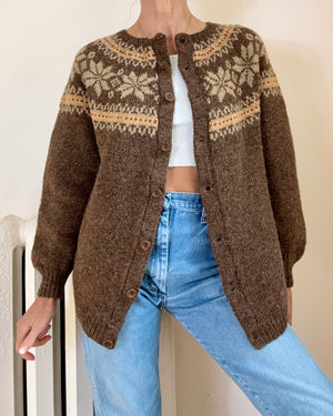 Vintage Handknit Nordic Heathered Brown Wool fair Isle with Snowflakes Cardigan Sweater M