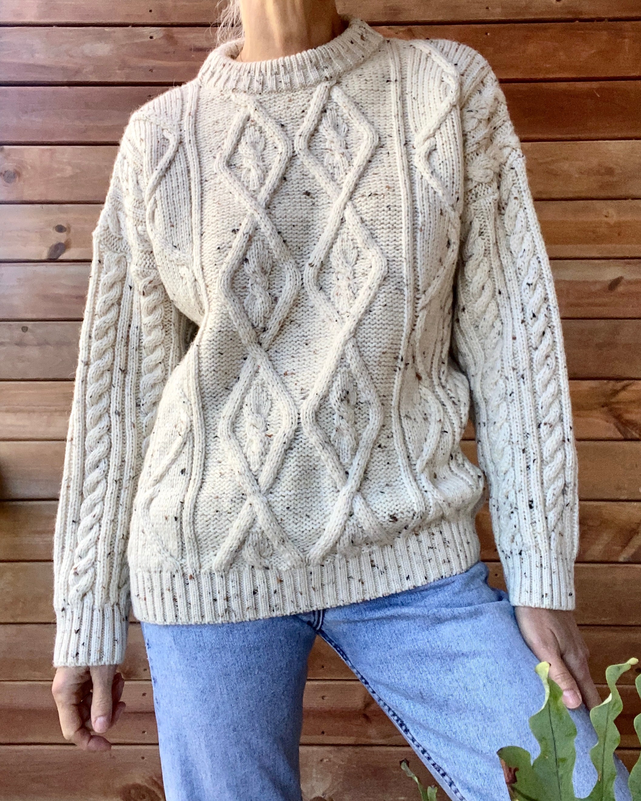 Vintage Handknit Oatmeal Aran Cable Fisherman Sweater M