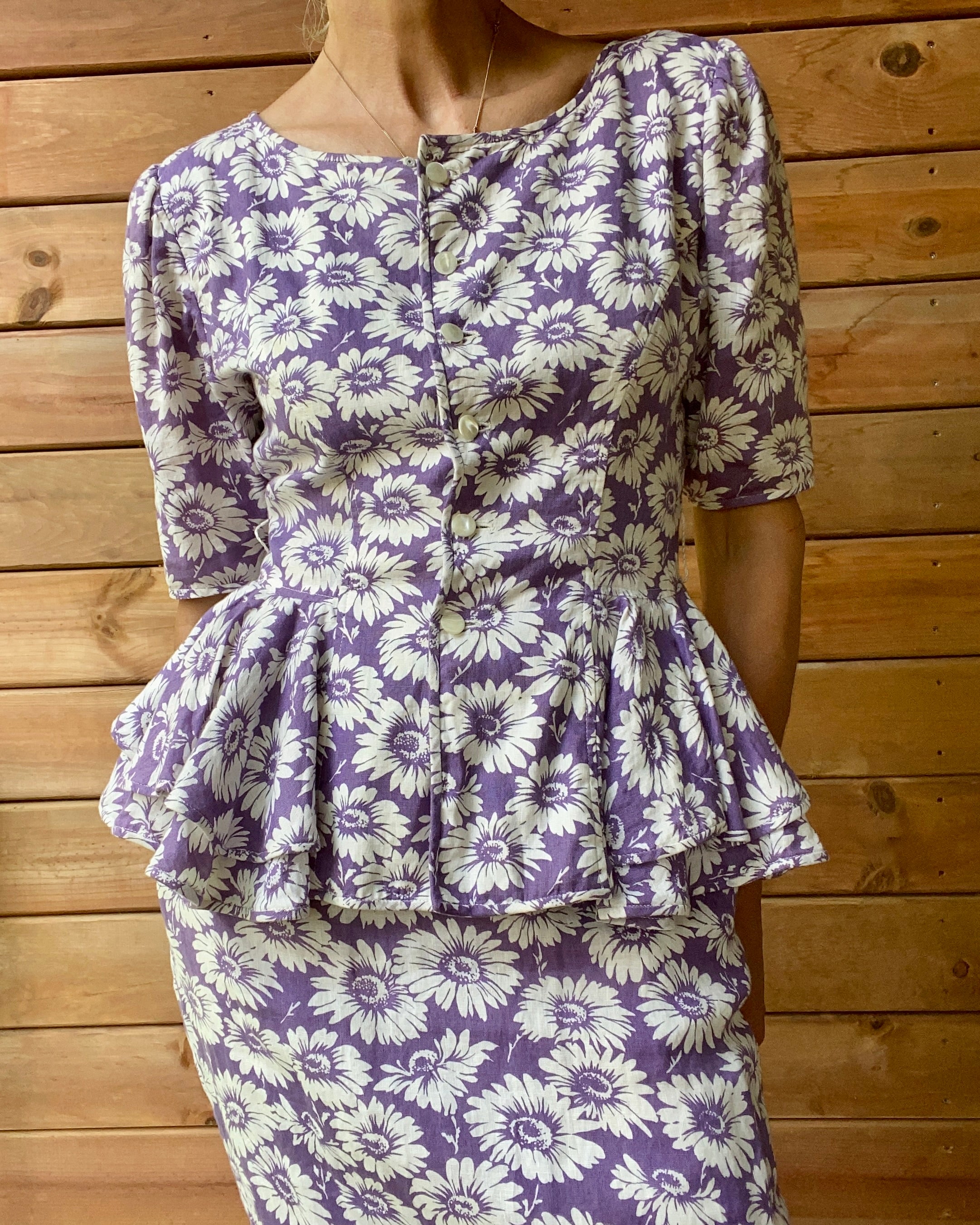 Vintage 1980s PARALLELE by EMANUEL UNGARO Cotton Floral Daisy Print Blouse and Skirt Set with Peplum M