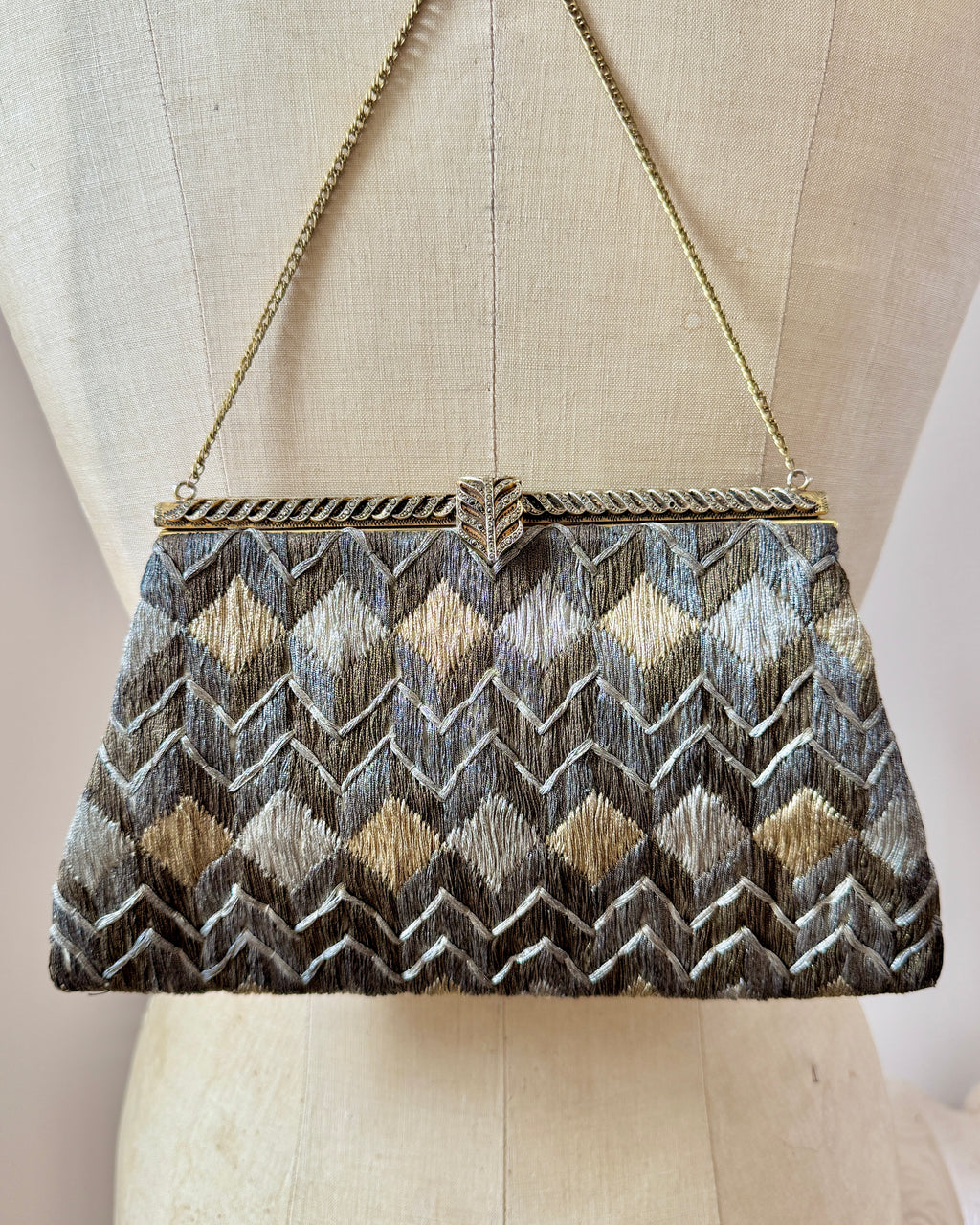 Vintage Late 1940s Metallic Bargello Embroidered Chevron Evening Bag: Trapeze Shape With Metal Thread and Gold plated Marcasite Clasp