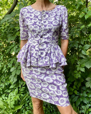 Vintage 1980s PARALLELE by EMANUEL UNGARO Cotton Floral Daisy Print Blouse and Skirt Set with Peplum M