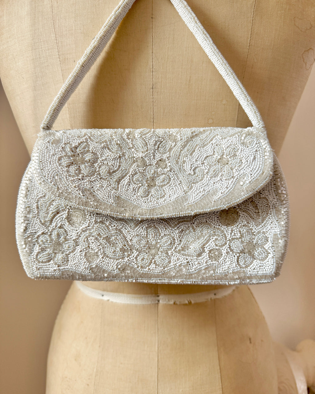 Vintage 1950s Hand Beaded Rocaille White Ivory Seed Beads and Pearlized Bugle beads Floral Design Handle Bag Wrislet Made in France