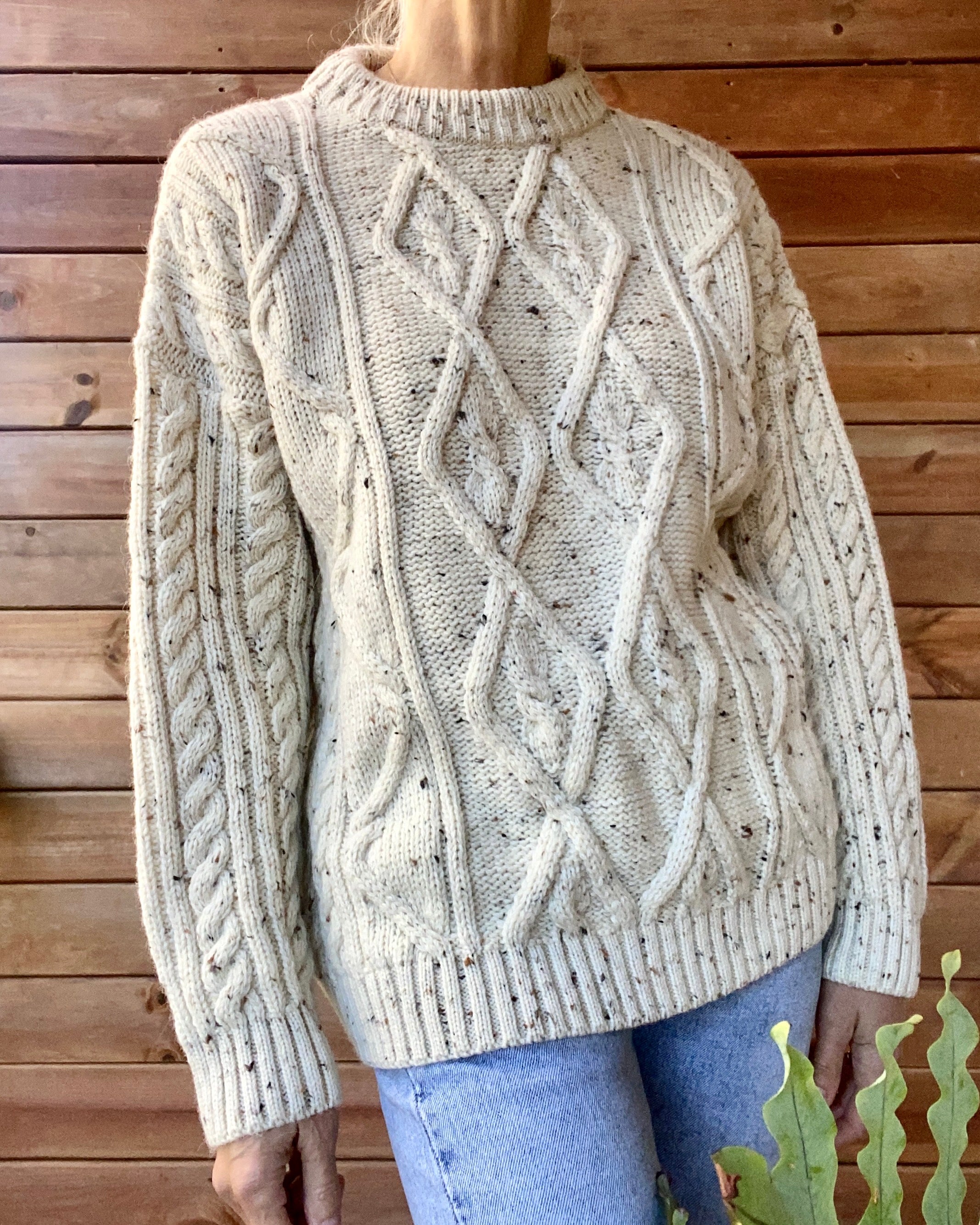 Vintage Handknit Oatmeal Aran Cable Fisherman Sweater M