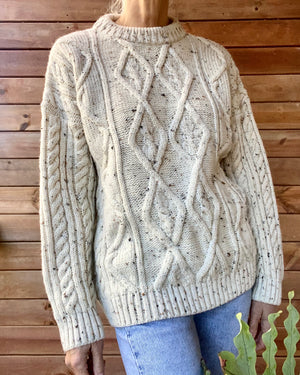 Vintage Handknit Oatmeal Aran Cable Fisherman Sweater M