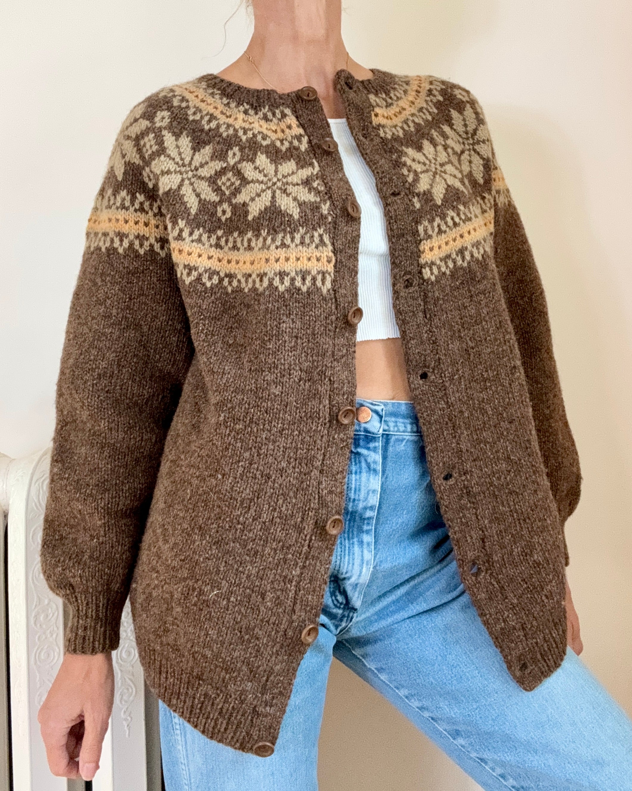 Vintage Handknit Nordic Heathered Brown Wool fair Isle with Snowflakes Cardigan Sweater M