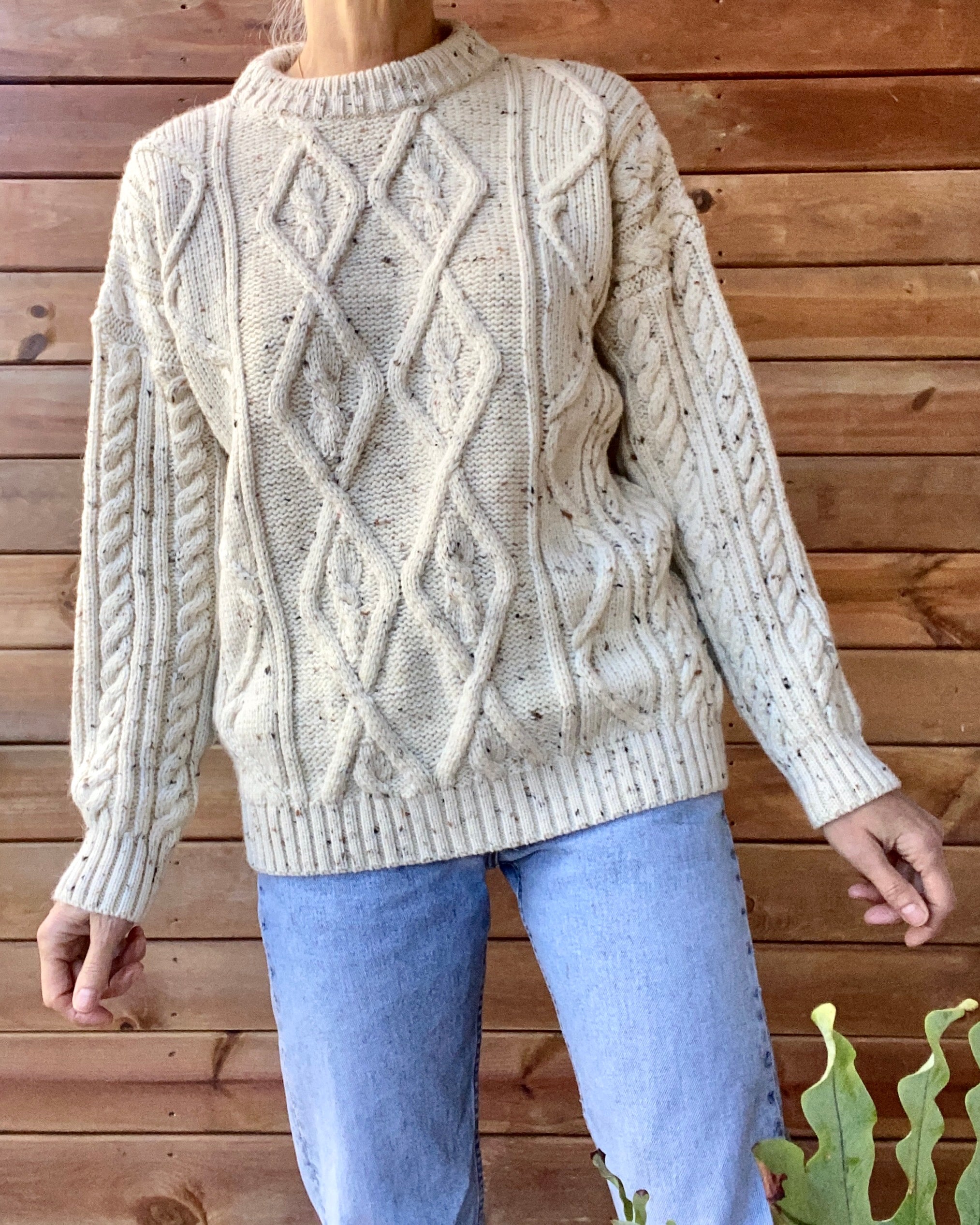 Vintage Handknit Oatmeal Aran Cable Fisherman Sweater M