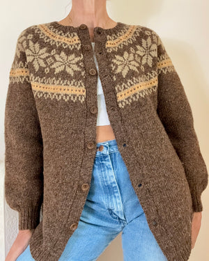 Vintage Handknit Nordic Heathered Brown Wool fair Isle with Snowflakes Cardigan Sweater M